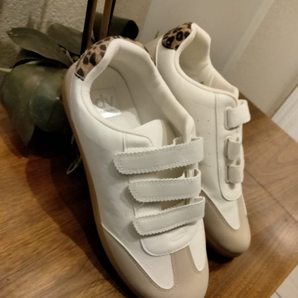 White and Tan Sneakers with Leopard Accent
